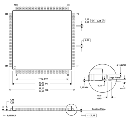 144-pin TQFP Mechanical Dimensions